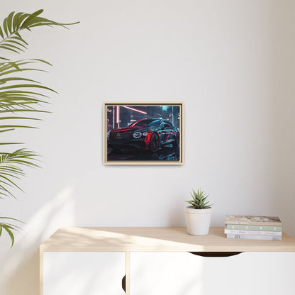 Framed Matte Canvas Print — Red Luxury Sports Car Neon City Wall Art