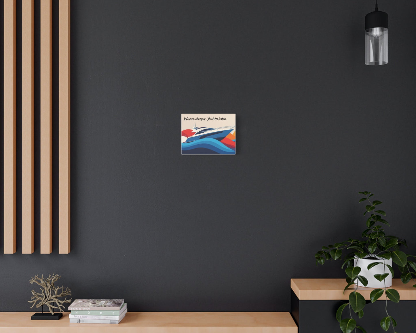 Yacht canvas wall art on a modern interior dark wall, wooden shelf, and decorative items.