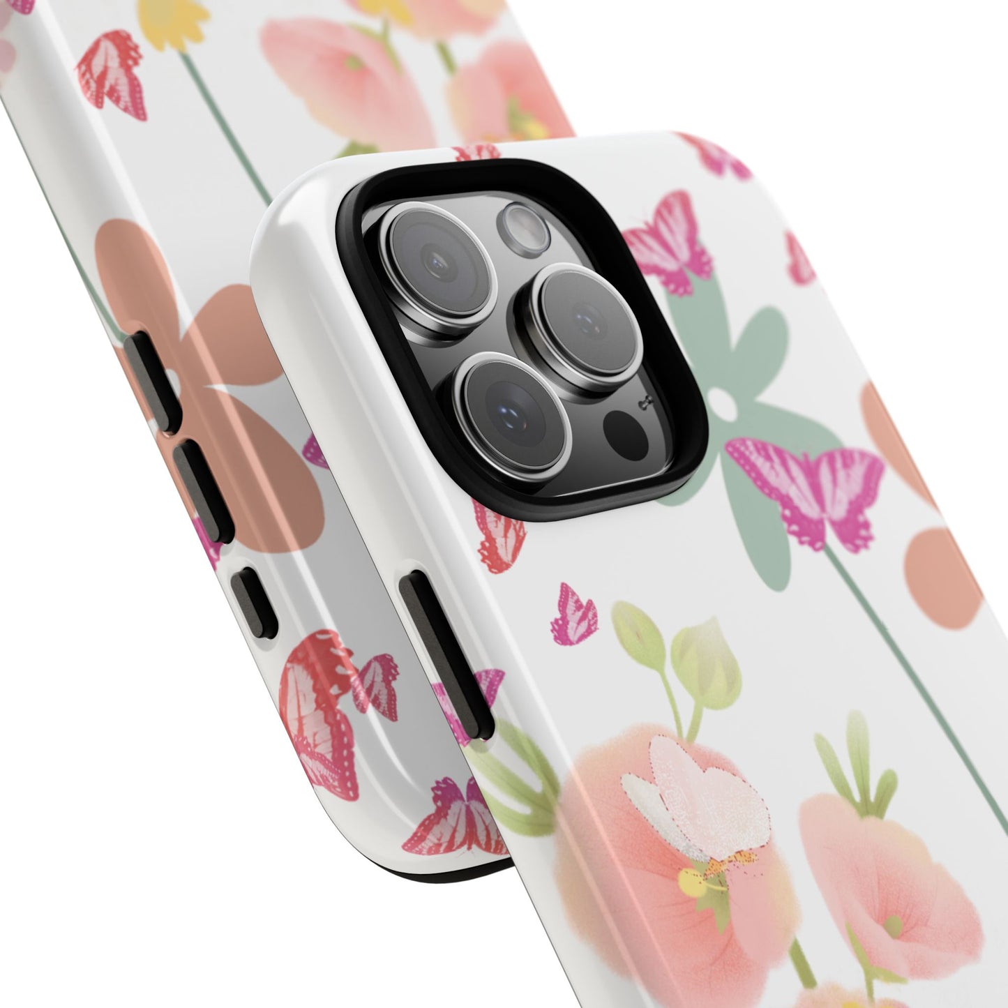Phone case with floral and butterfly design on a white background