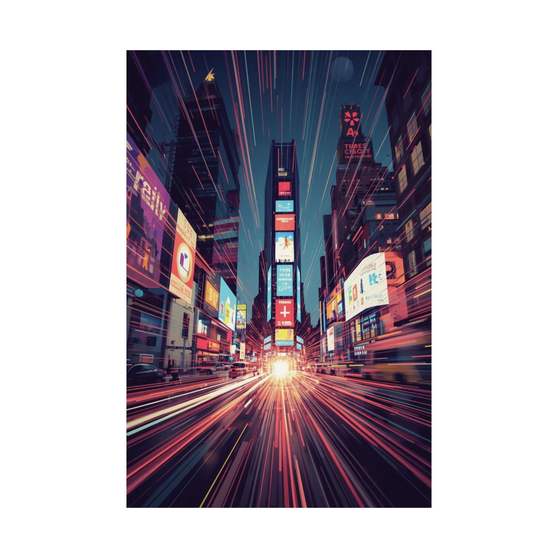 vibrant city street scene with neon lights and tall buildings