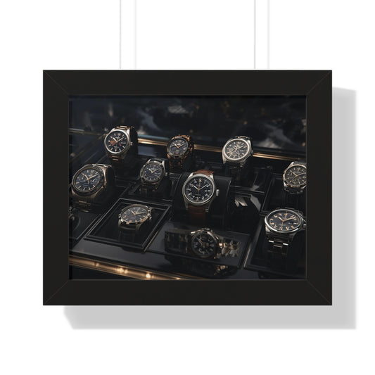Collection of watches in a black display case on a white background