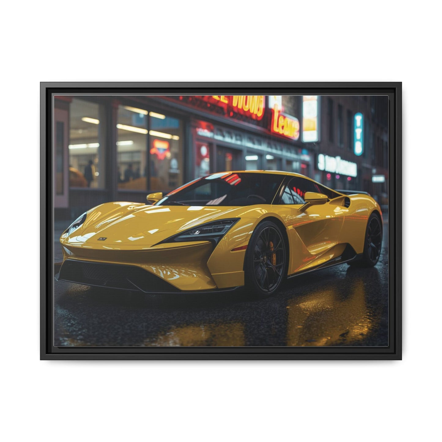 Framed Yellow sports car on a city street at night with neon signs in the background