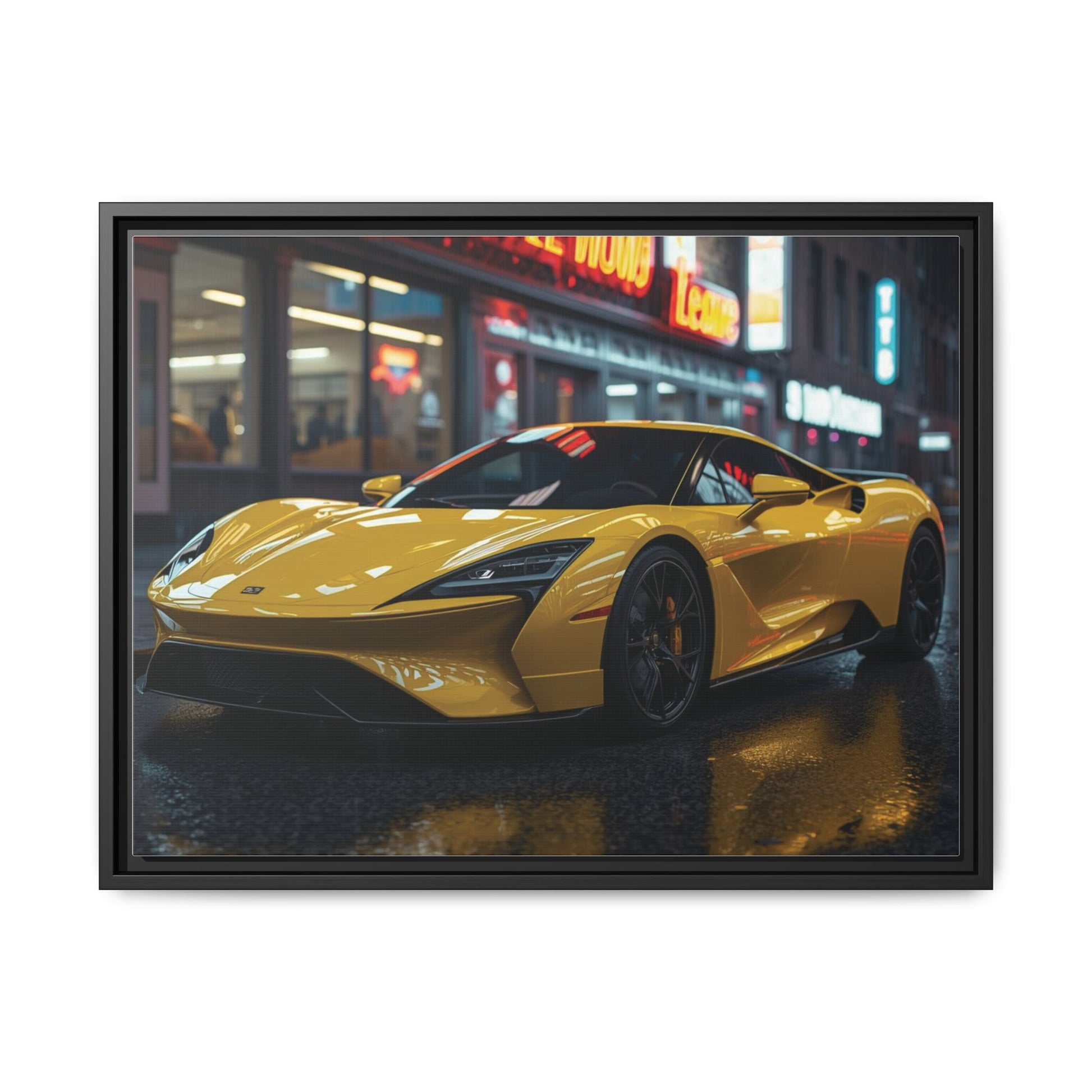 Framed Yellow sports car on a city street at night with neon signs in the background