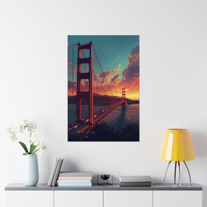 Poster of the Golden Gate Bridge on a wall above a shelf with decor items.
