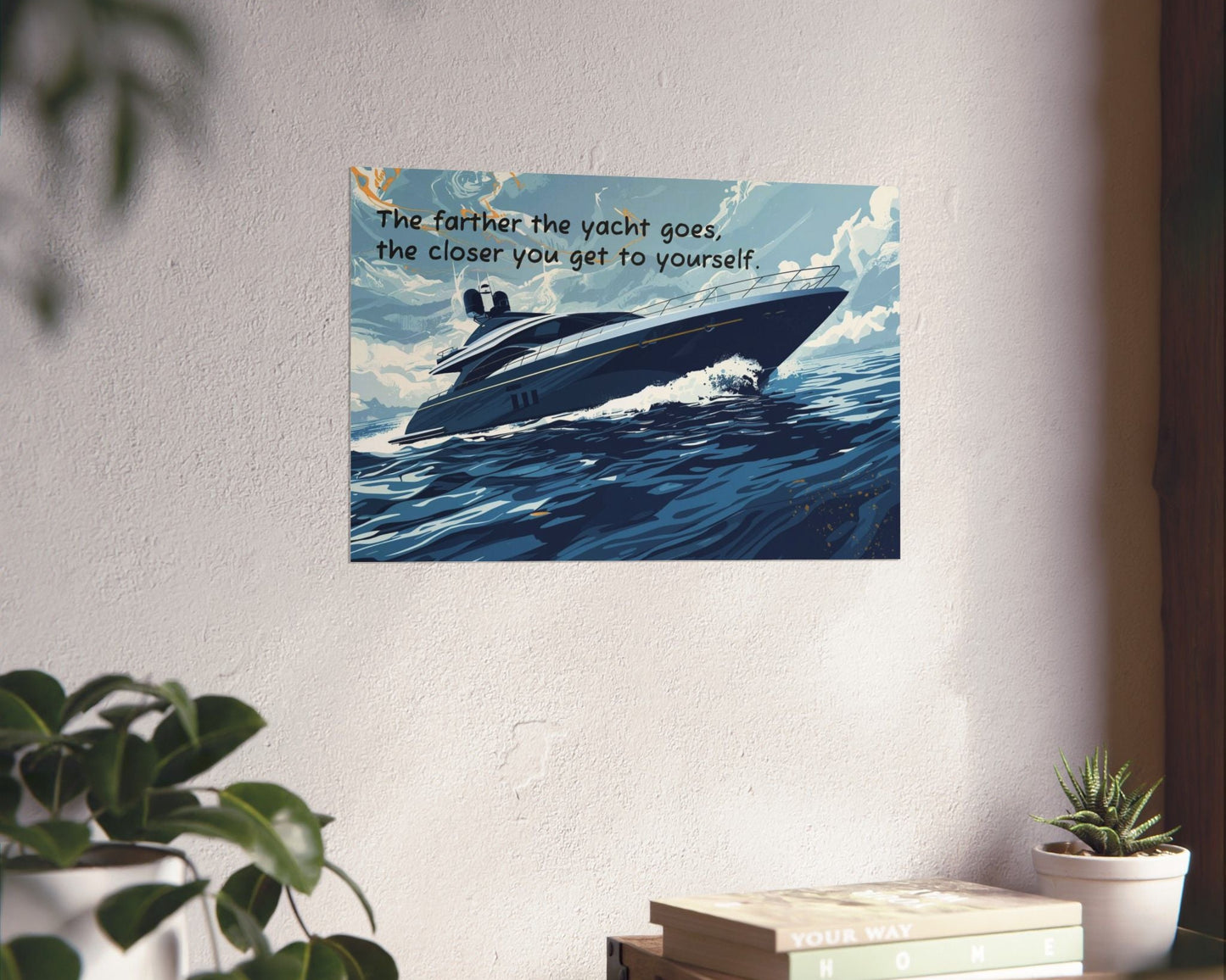 Poster of a yacht on a wall with decorative elements below