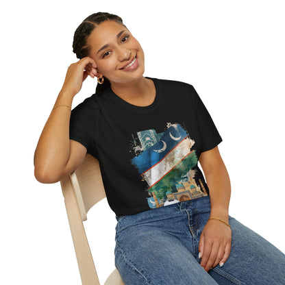 Uzbekistan Flag Soccer T-Shirt — Crescent Emblem & Landmark Design Tee