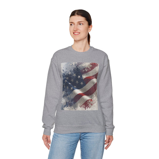 Woman wearing a gray sweatshirt with a vintage American flag design on a white background