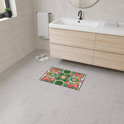 Decorative bath mat with a colorful pattern on a bathroom floor.