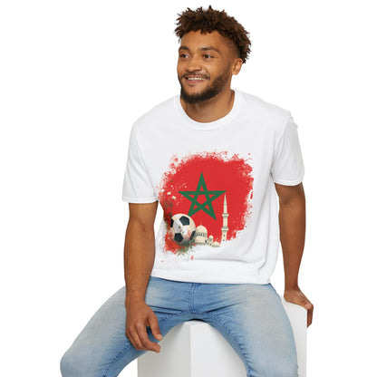 Morocco Soccer Fan T-Shirt — Moroccan Flag, Football & Mosque Graphic Tee