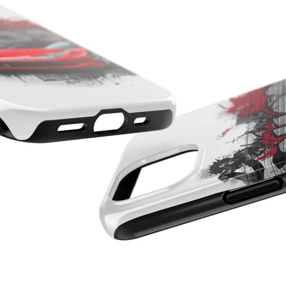 Phone cases with a design of red accents on a white background.