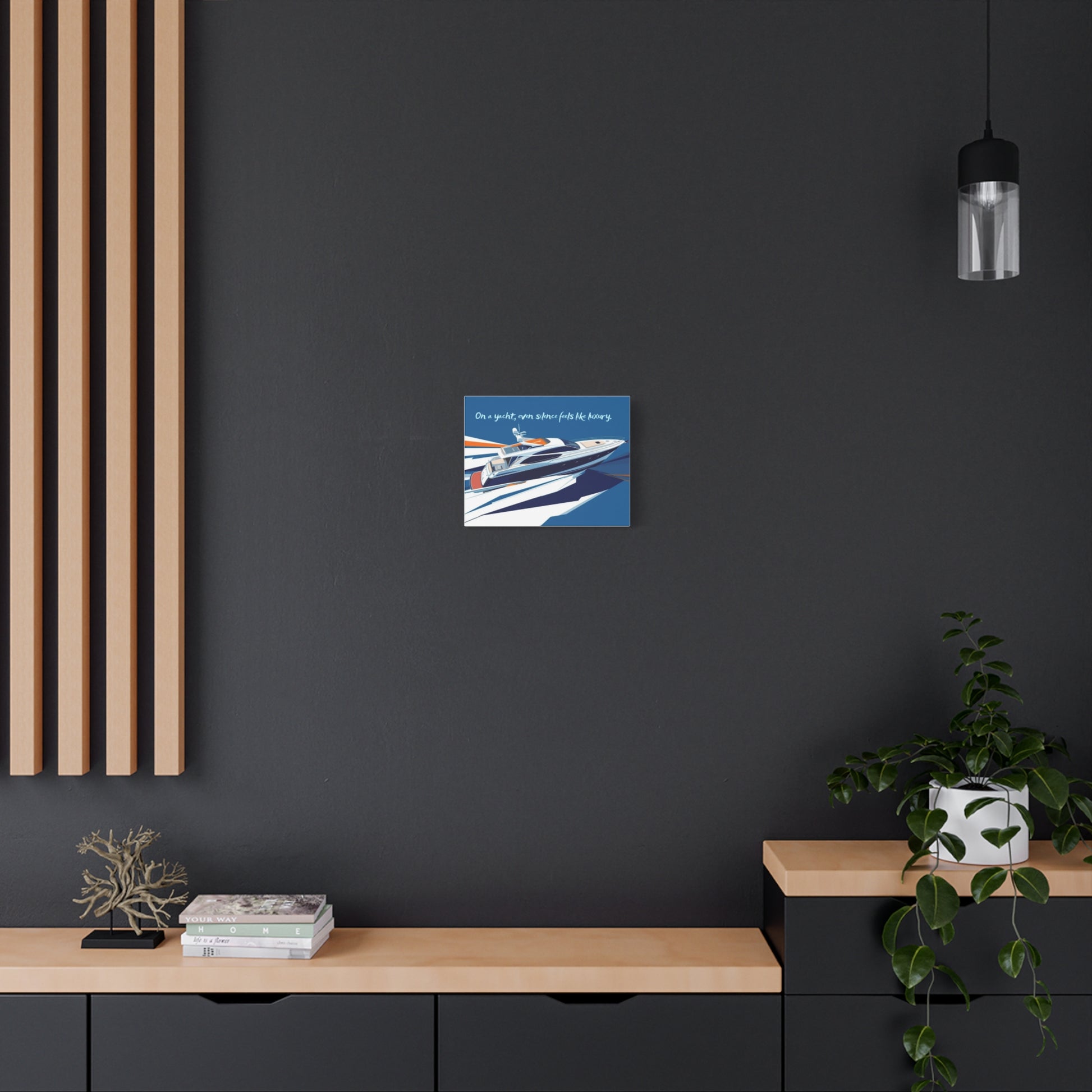 Canvas wall art in a Modern interior with a dark wall, wooden shelf, and decorative items.