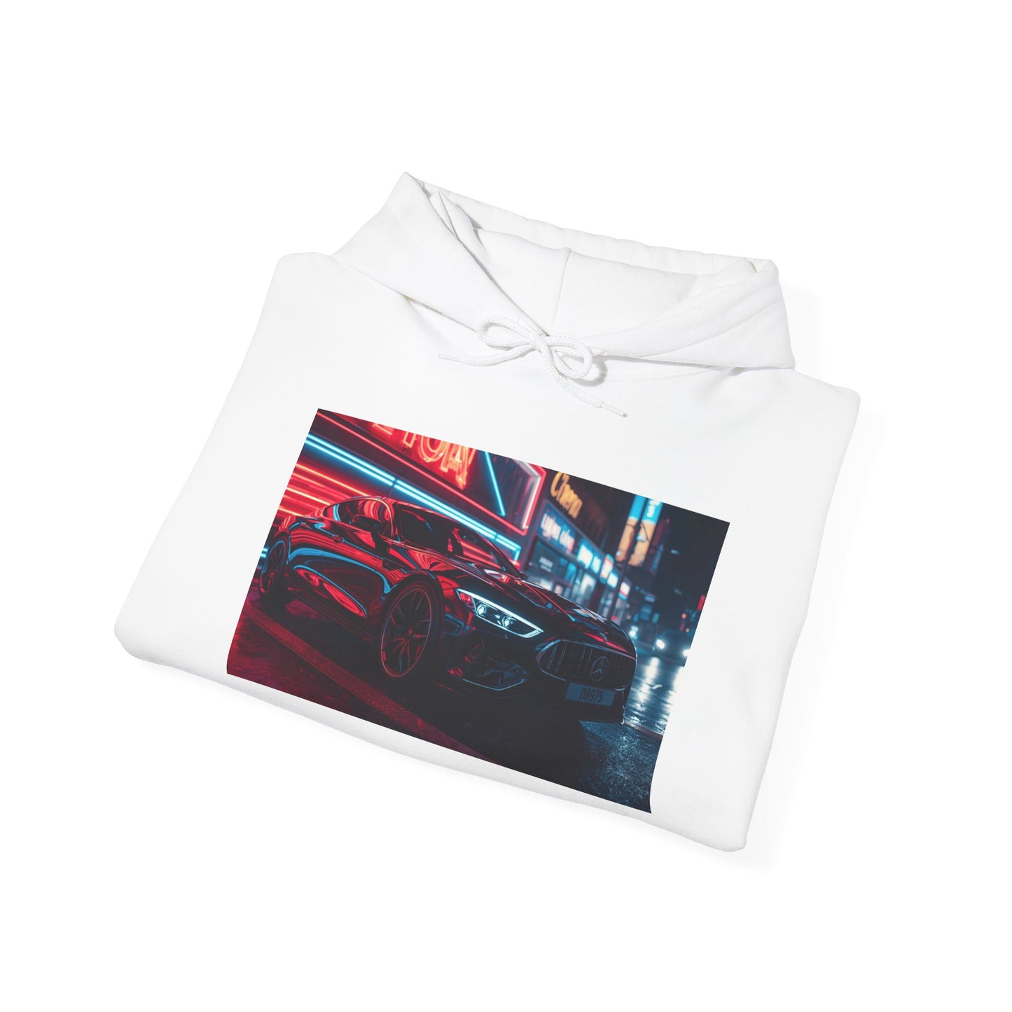 White hoodie with a graphic of a car under neon lights on a white background