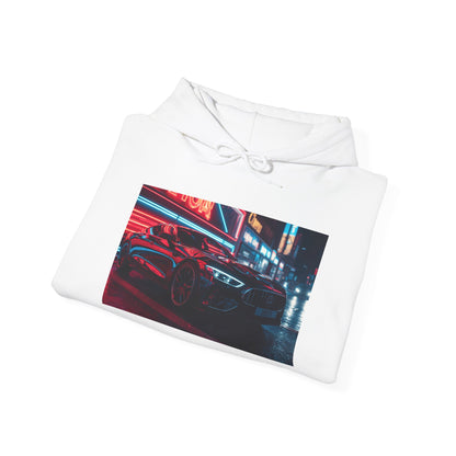 White hoodie with a graphic of a car under neon lights on a white background