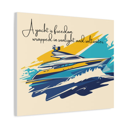Canvas wall art with a yacht illustration and text on a beige background