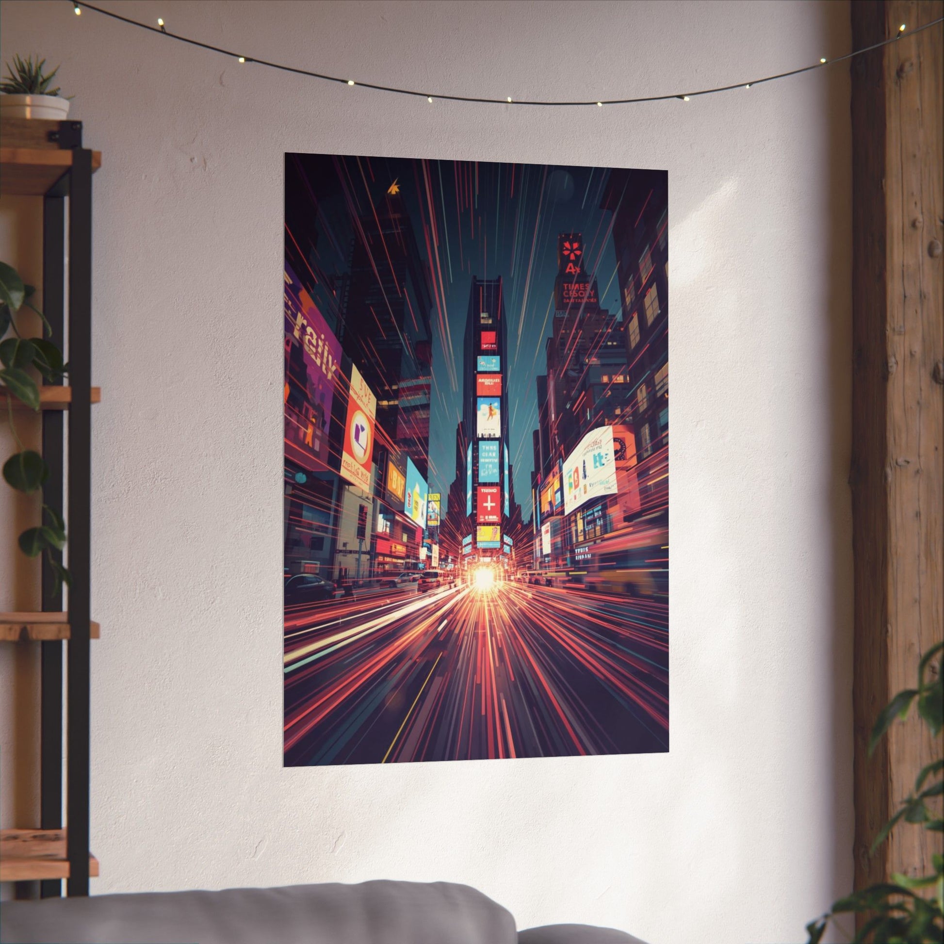 Cityscape tapestry with neon lights hanging on a wall
