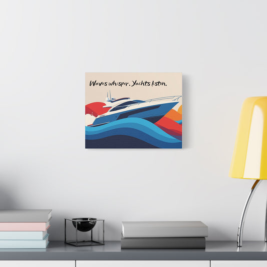 Canvas wall art of a yacht design with text on a wall above a desk.