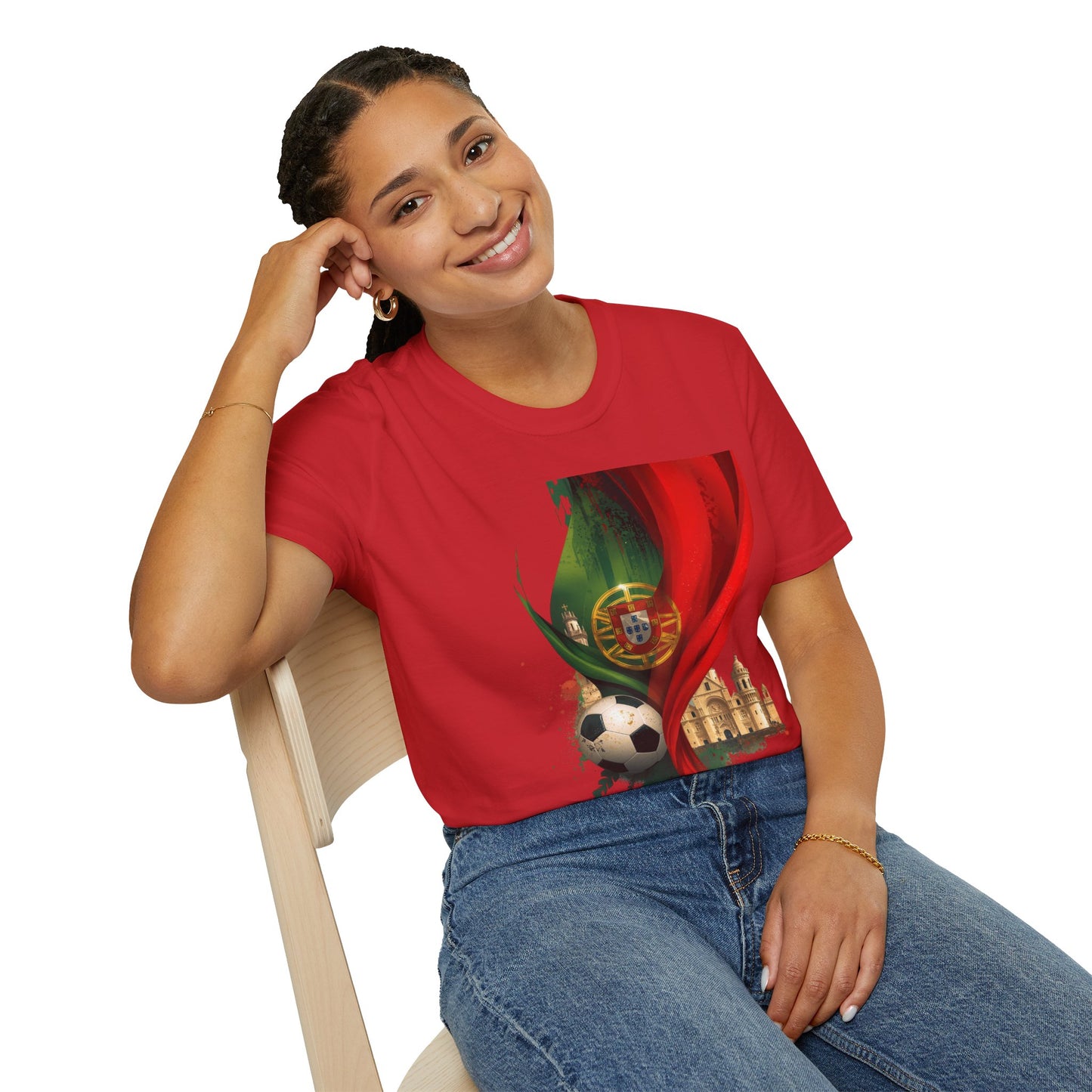 Portugal Flag Soccer T-Shirt — Portuguese Football Fan Tee with Lisbon Landmark