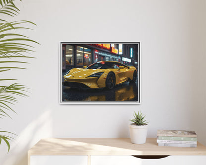 White framed Yellow sports car in a framed picture on a wall above a desk with a plant and books.