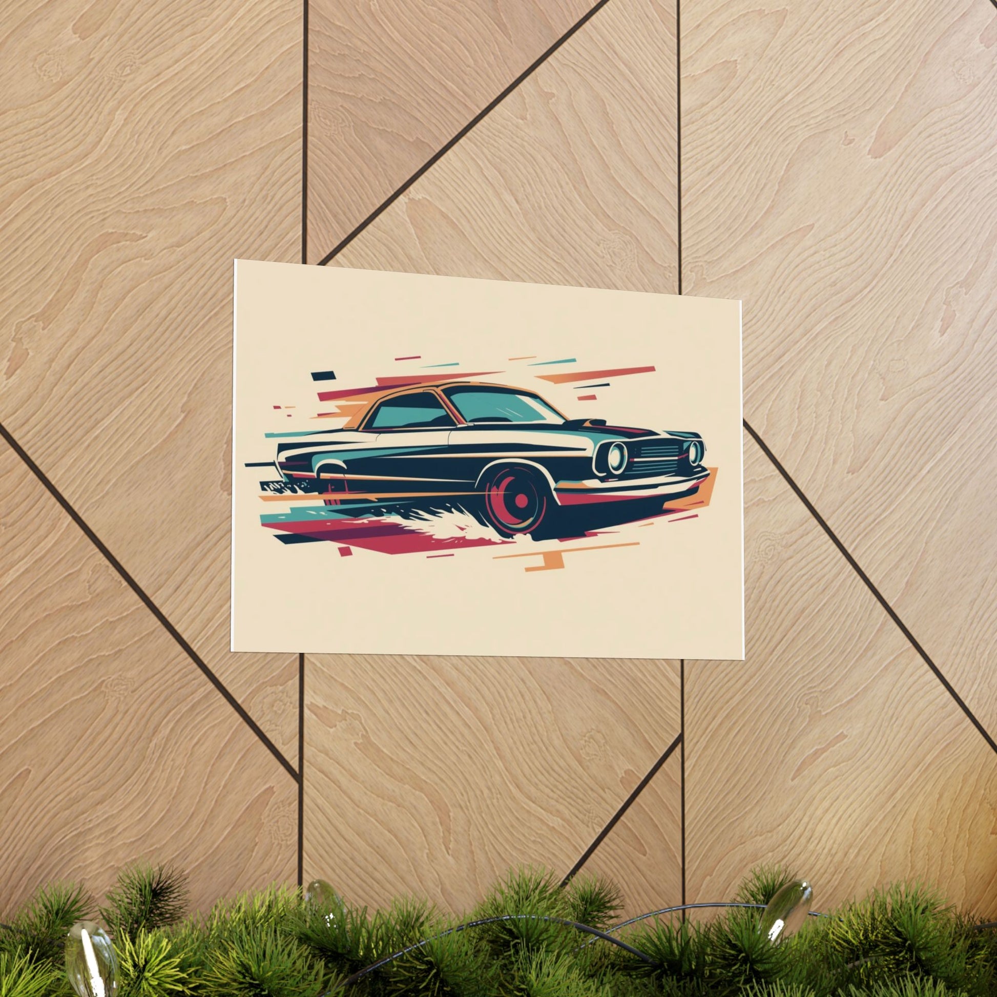 Poster of a classic vintage car against a wooden background