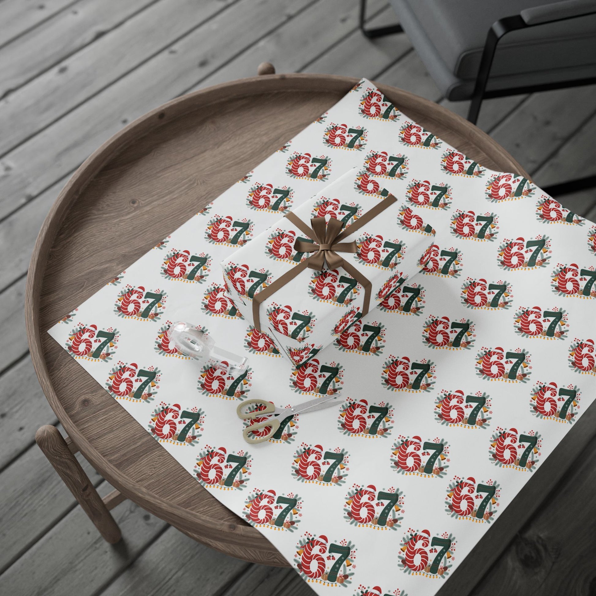 Table with a sheet of paper featuring the number '67' pattern on a wooden surface.
