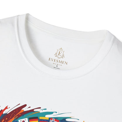 Soccer World Flags T-Shirt — Vibrant International Football Swirl