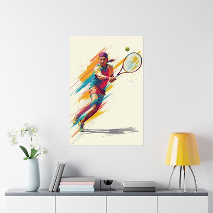 Colorful abstract painting of a tennis player on a wall above a shelf with decor items.