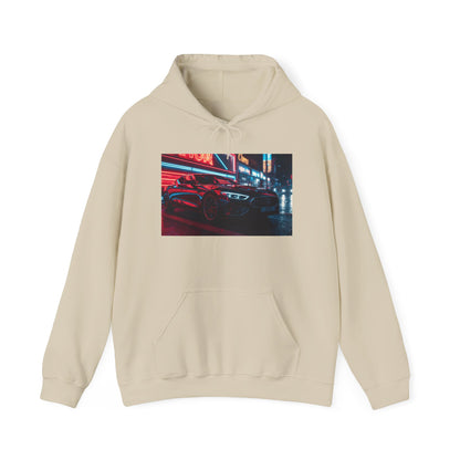 Beige hoodie with a graphic of a car under neon lights on a white background
