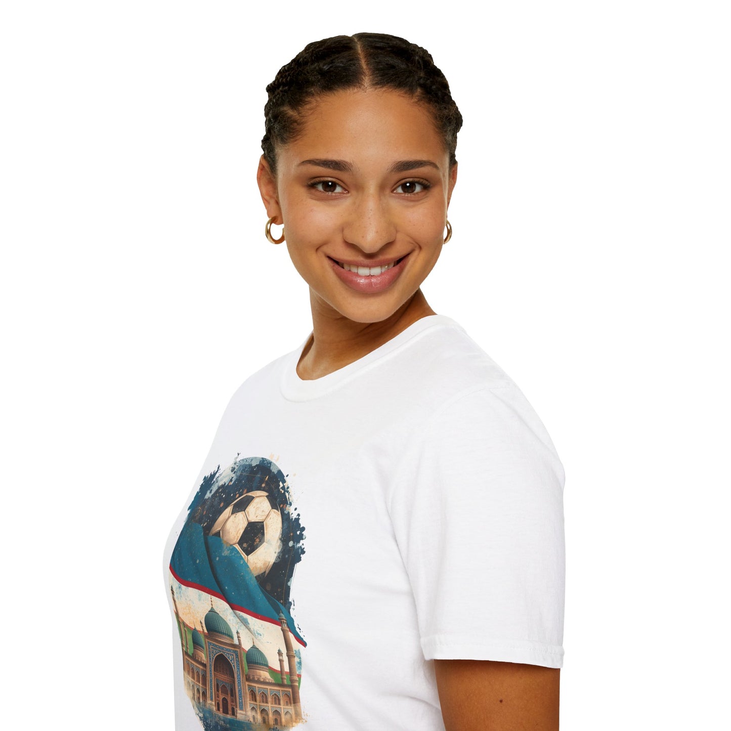 Uzbekistan Football Pride T-shirt Historic Madrasa and Vintage Soccer Ball Tee