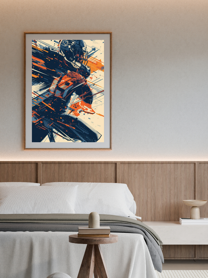 Abstract art print on a wall above a bed in a bedroom setting