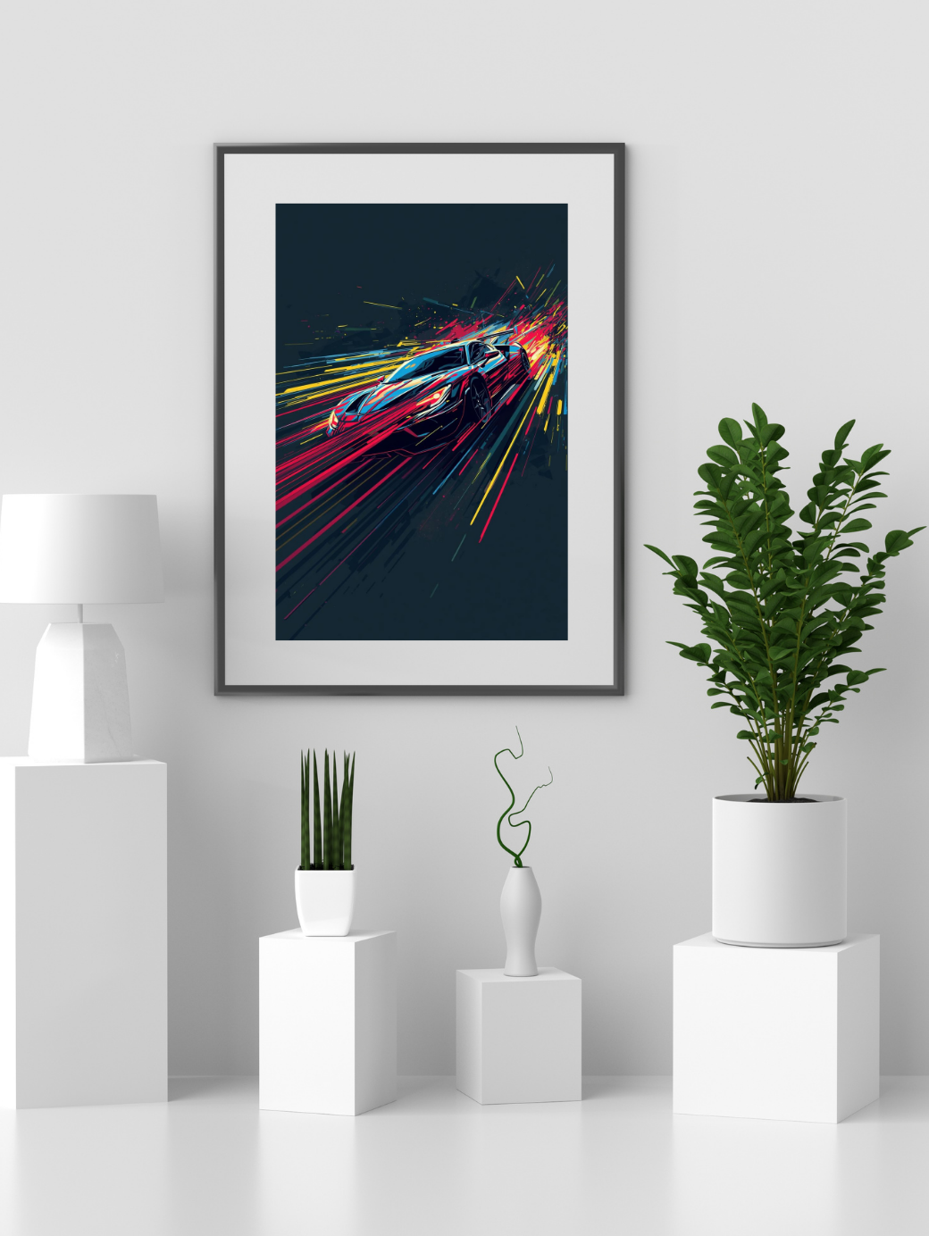 Framed artwork of a car with colorful light trails in a modern interior setting.