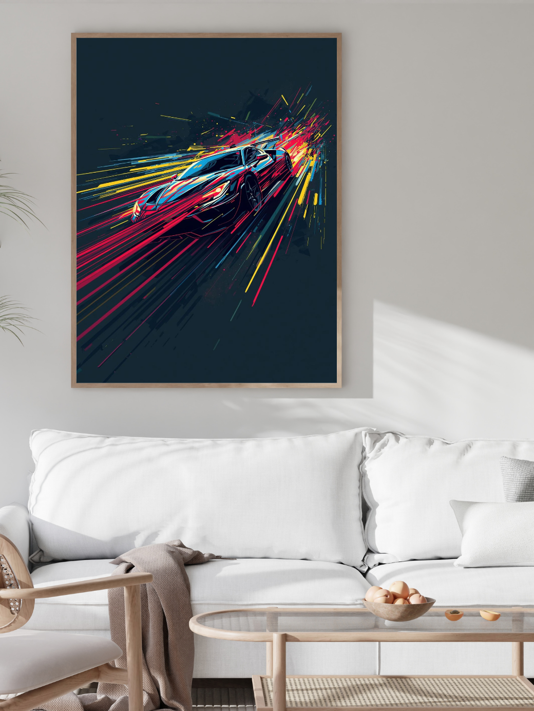 Colorful abstract painting of a car on a wall above a white sofa in a living room.