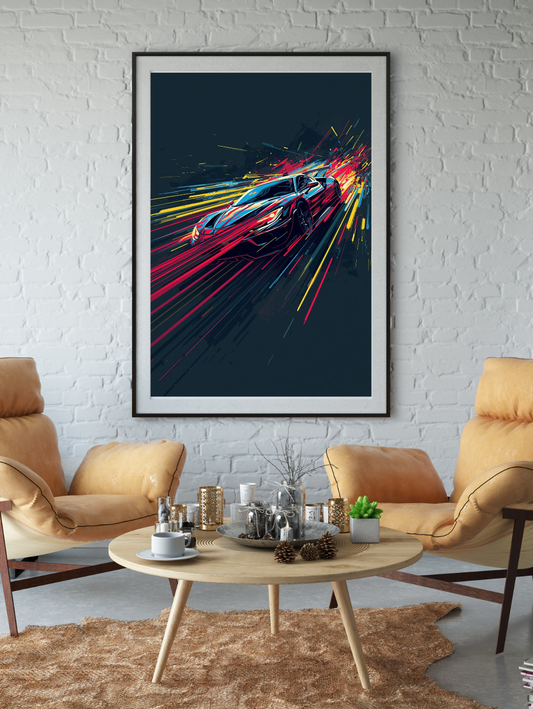 Modern living room with a colorful abstract car painting on the wall.