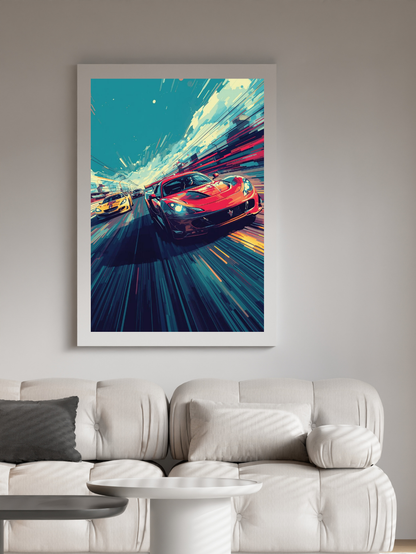 Framed artwork of a dynamic city street scene with cars on a wall above a sofa.