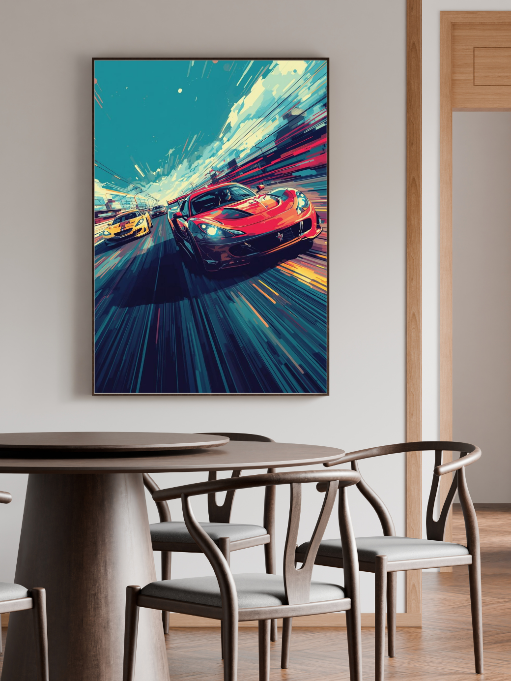 Framed artwork of a red sports car on a wall above a dining table