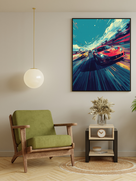 Modern living room with a green armchair, side table, and abstract painting of a car on the wall.