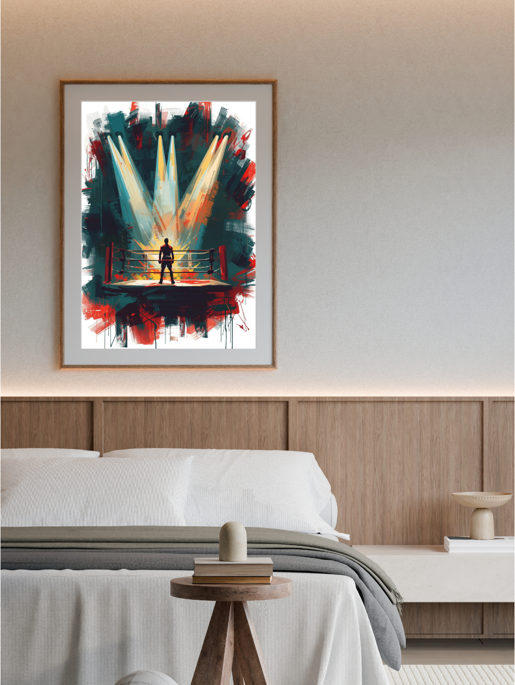 Framed abstract artwork above a bed in a bedroom setting