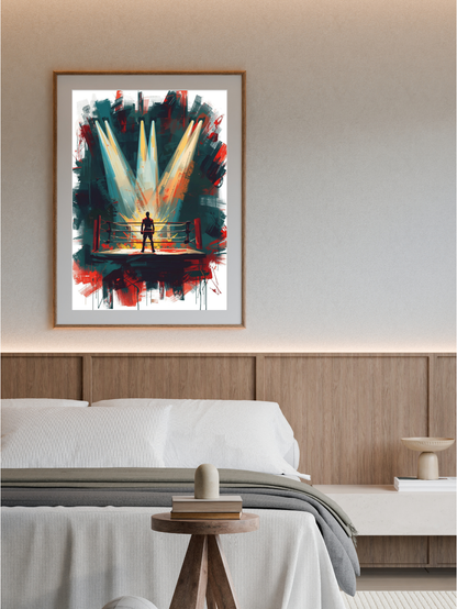Framed abstract artwork above a bed in a bedroom setting