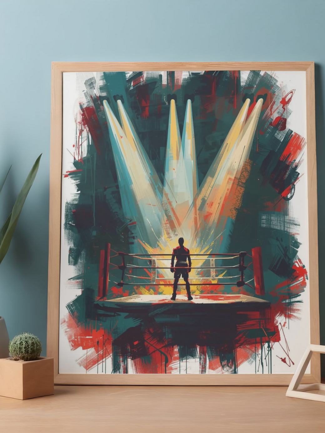 Framed artwork of a boxer in a ring with dramatic lighting on a blue wall.