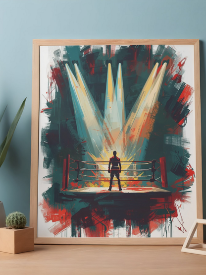 Framed artwork of a boxer in a ring with dramatic lighting on a blue wall.