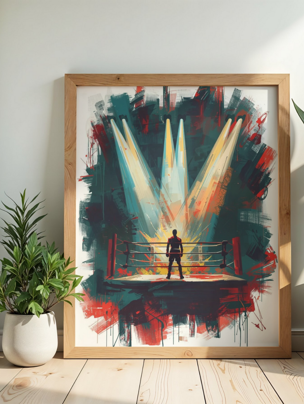 Framed abstract artwork of a boxer in a ring with colorful lights on a wall.