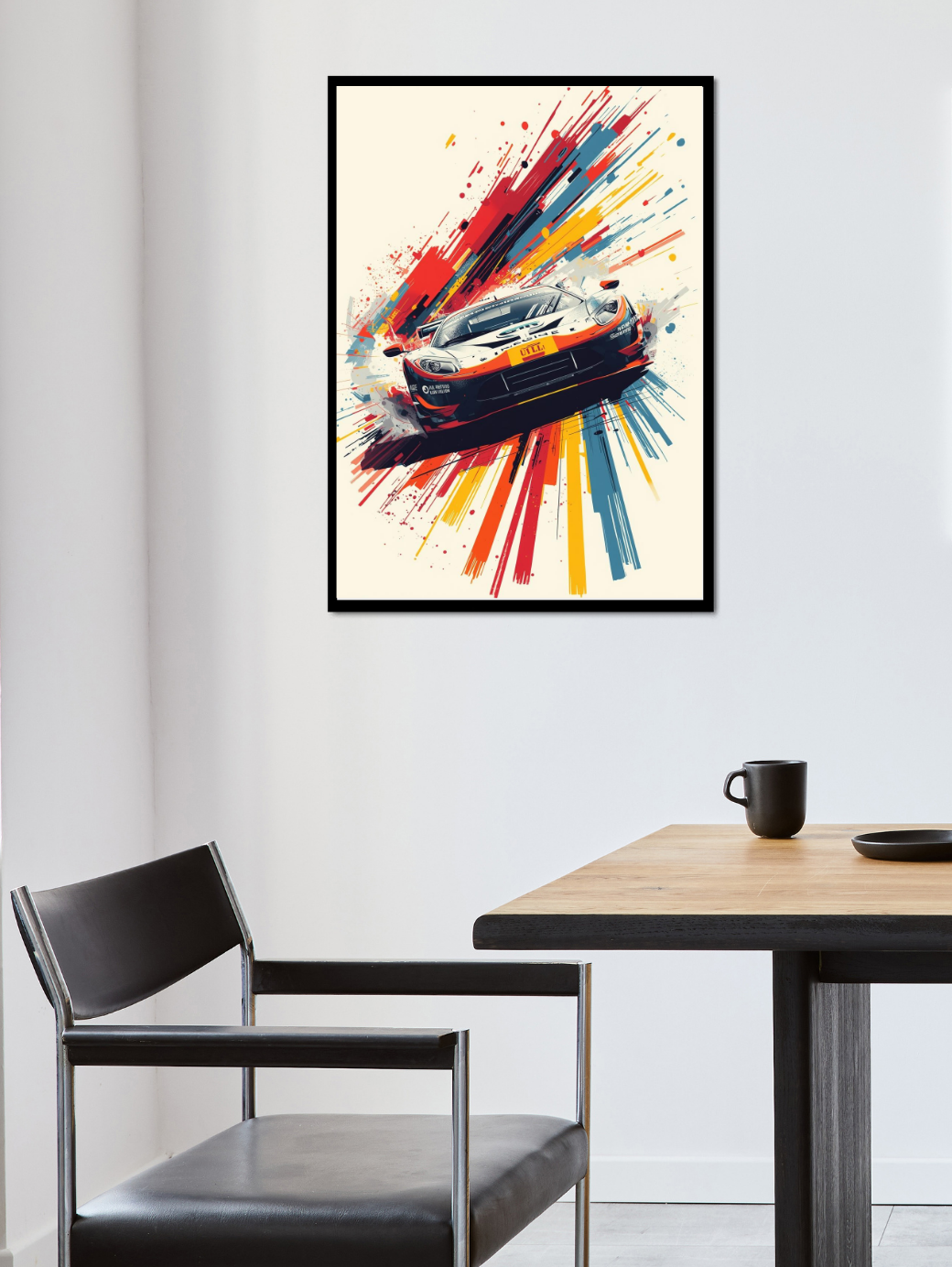 Colorful abstract painting of a car on a wall above a table with a chair.