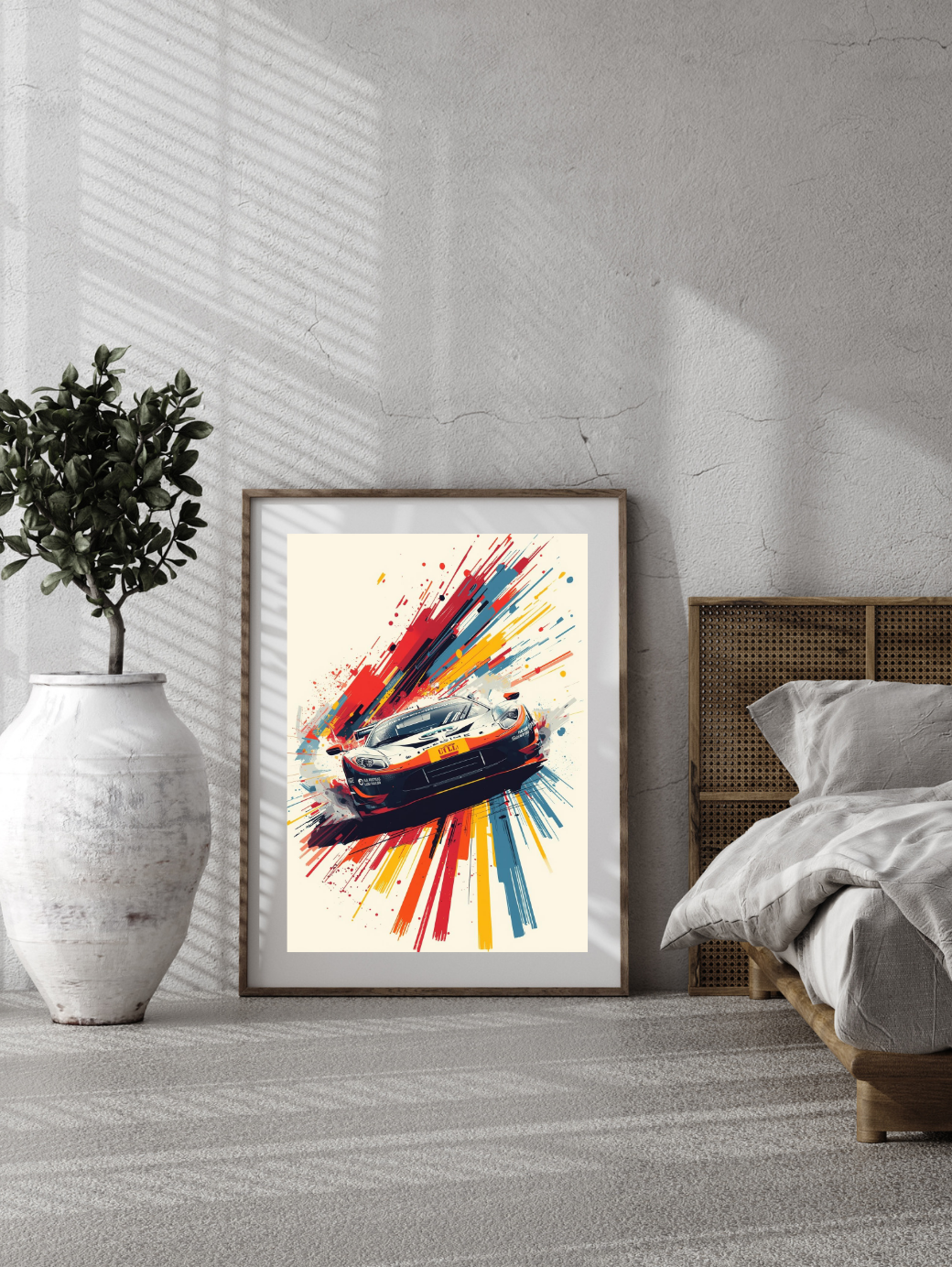 Framed abstract art print of a car on a wall in a bedroom.