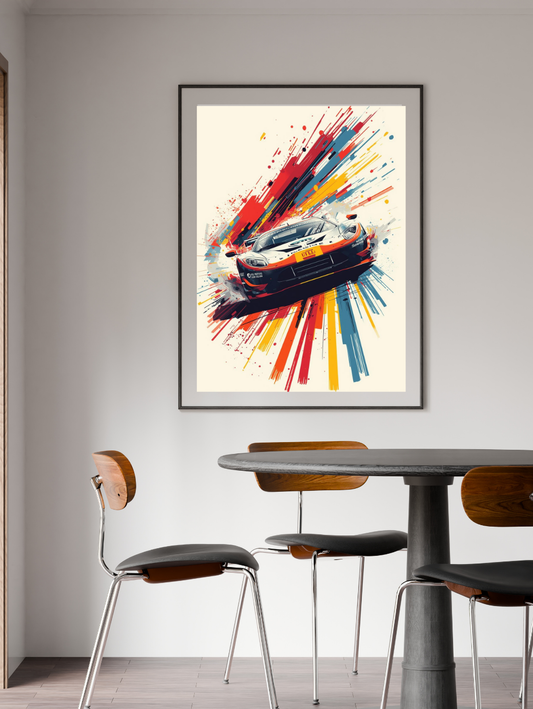 Colorful abstract car painting on a wall above a dining table with chairs.