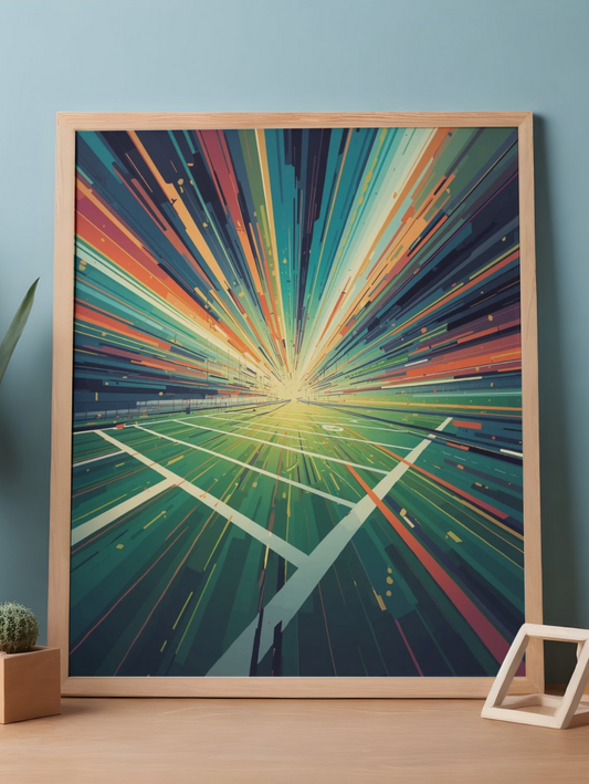 Framed abstract artwork with Colorful abstract design of an American Football field on a blue wall.