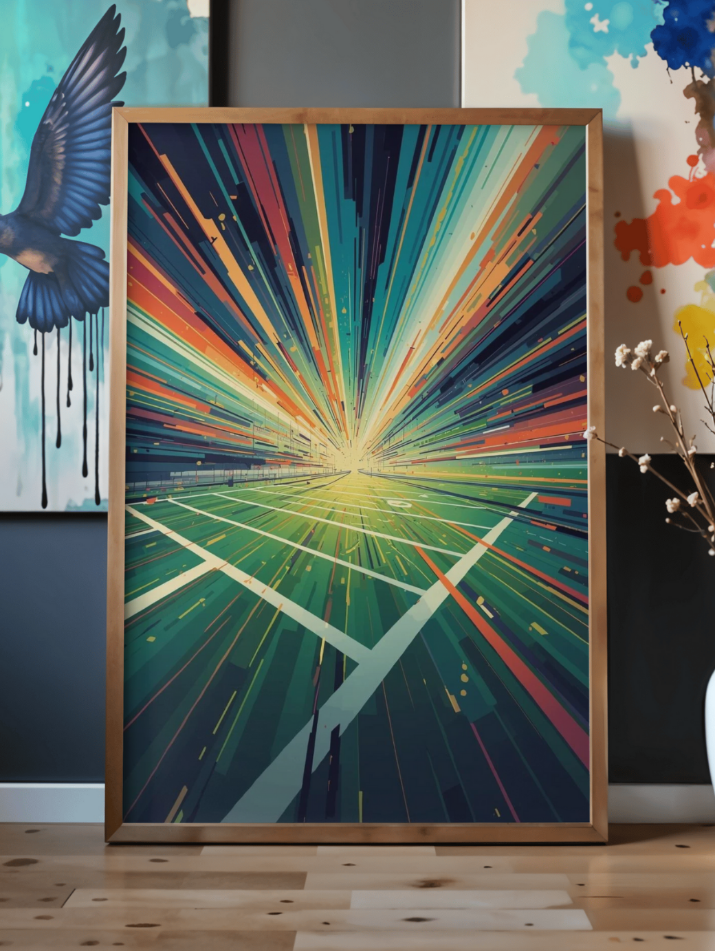 Framed abstract artwork of a Colorful design of an American Football field on a wall.