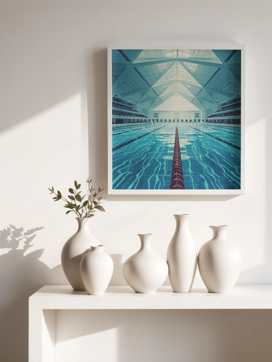Framed artwork of a pool on a wall above a white shelf with decorative vases.