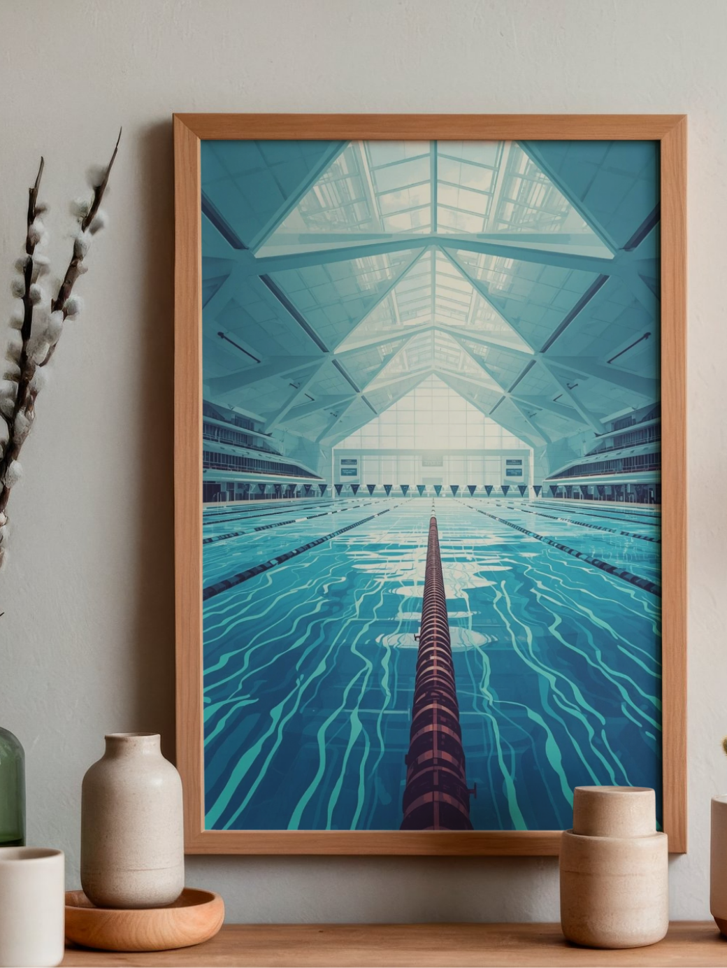Framed artwork of a pool with geometric ceiling design on a wall.