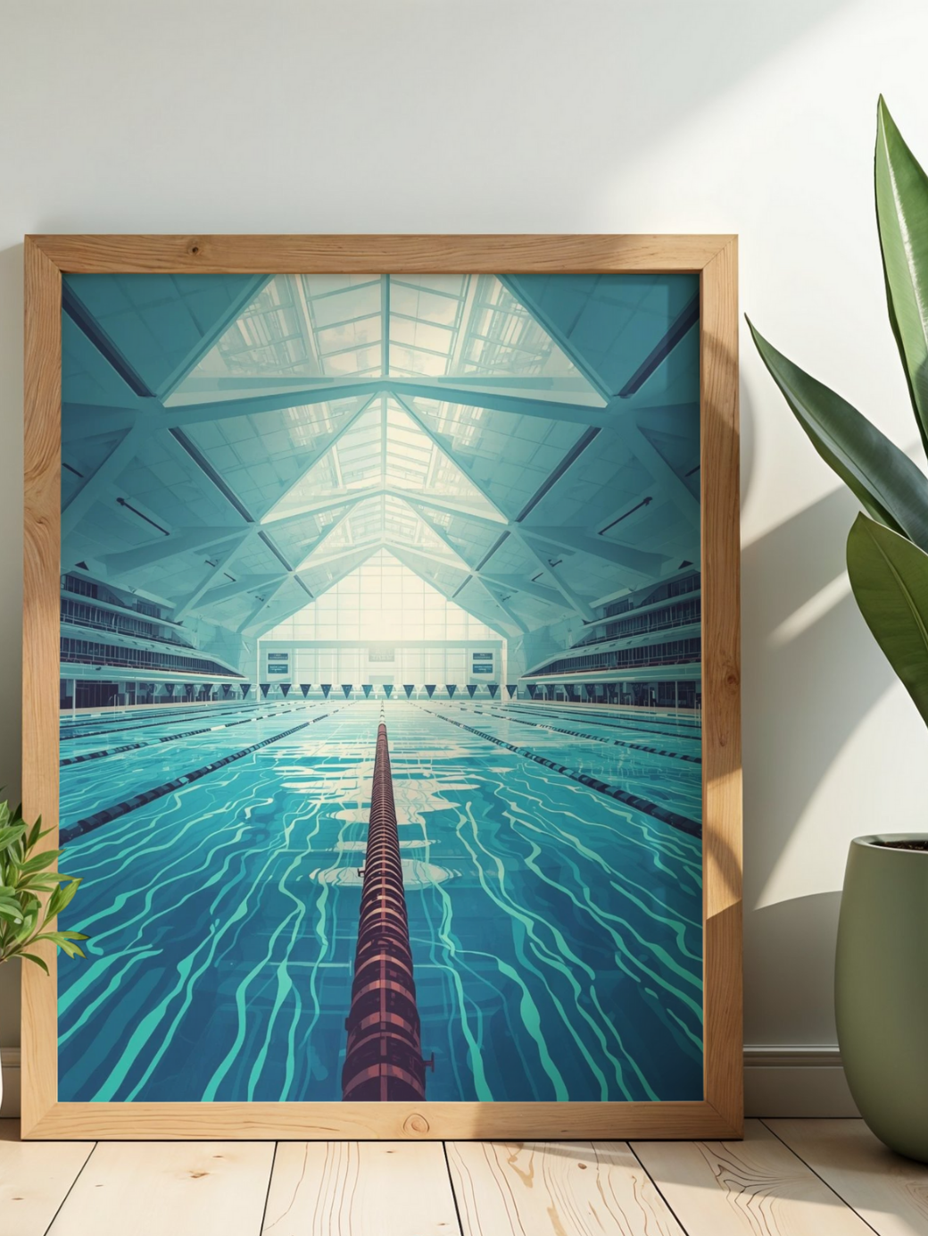 Framed artwork of an indoor swimming pool with a wooden frame on a light wood floor.