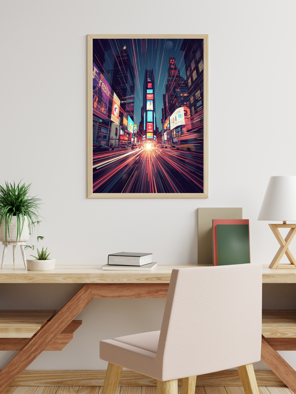 Framed artwork of a city street scene with neon lights in a modern office setting.