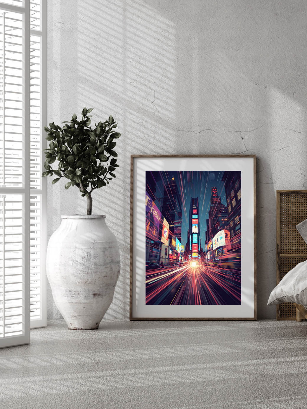 Framed artwork of a city street scene in a modern room with a vase and plant.